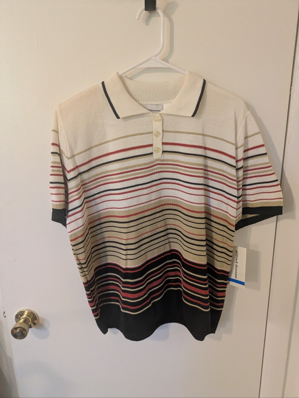 Alfred Dunner Cream Polo with Black, Red and Tan Stripes